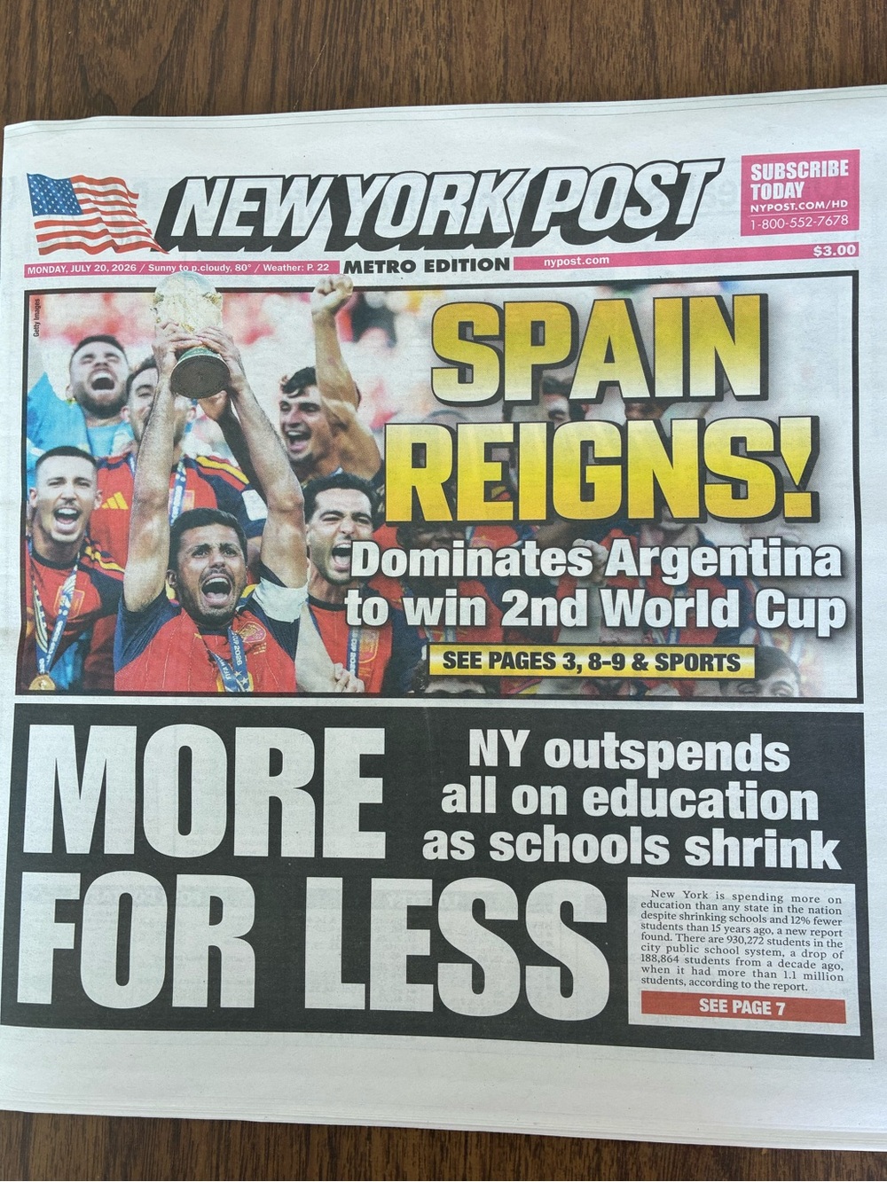 New York Post Newspaper SPAIN DEFEATS ARGENTINA 7/20/2026 Ferran Torres FIFA